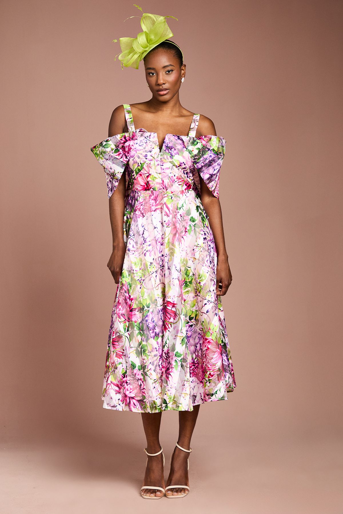 Coast Lisa Tan Printed Organza Bardot Midi Dress