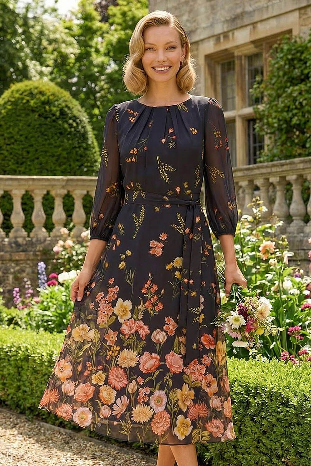 Roman Border Print Pleated Midi Dress