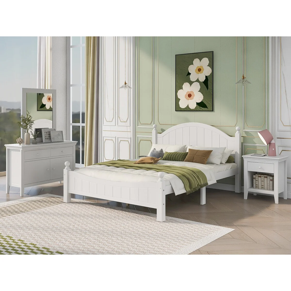 4-Pieces White Bedroom Sets, King Size Wood Platform Bed with Nightstand and Storage Dresser & Mirror