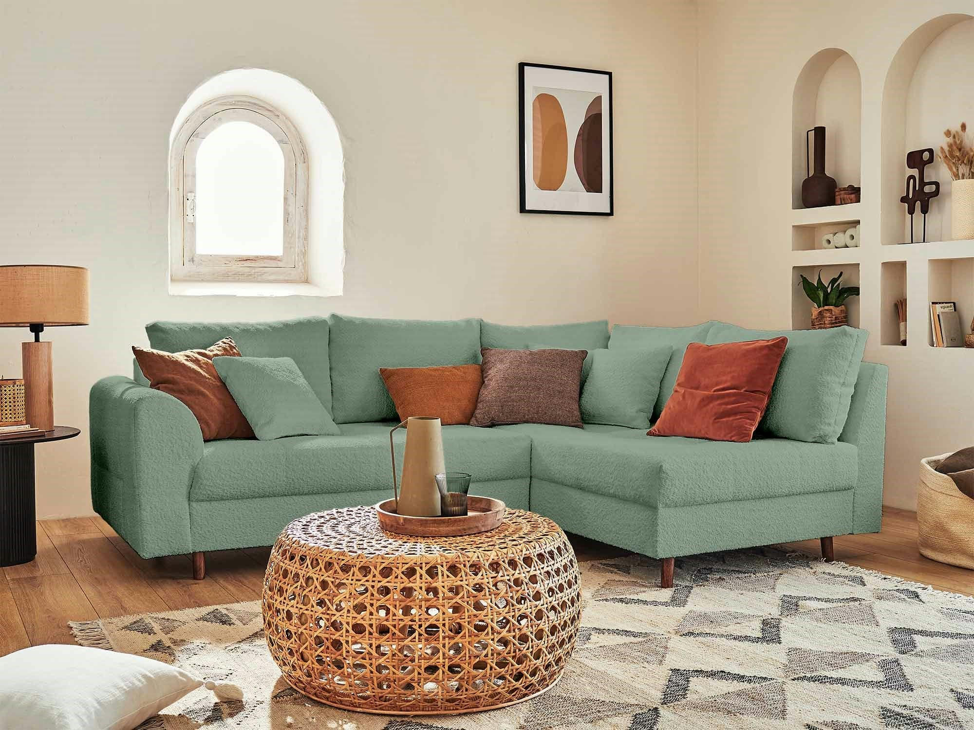 RUNE - Canapé d'angle droit 4 places en tissu bouclette vert sauge