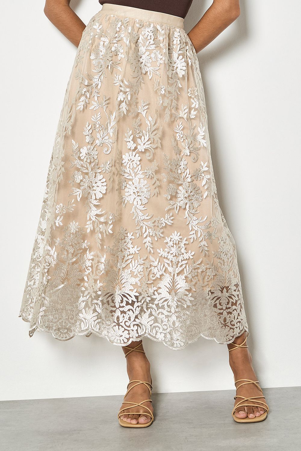 Apricot Shimmer Mesh Floral Embroidered Midi Skirt