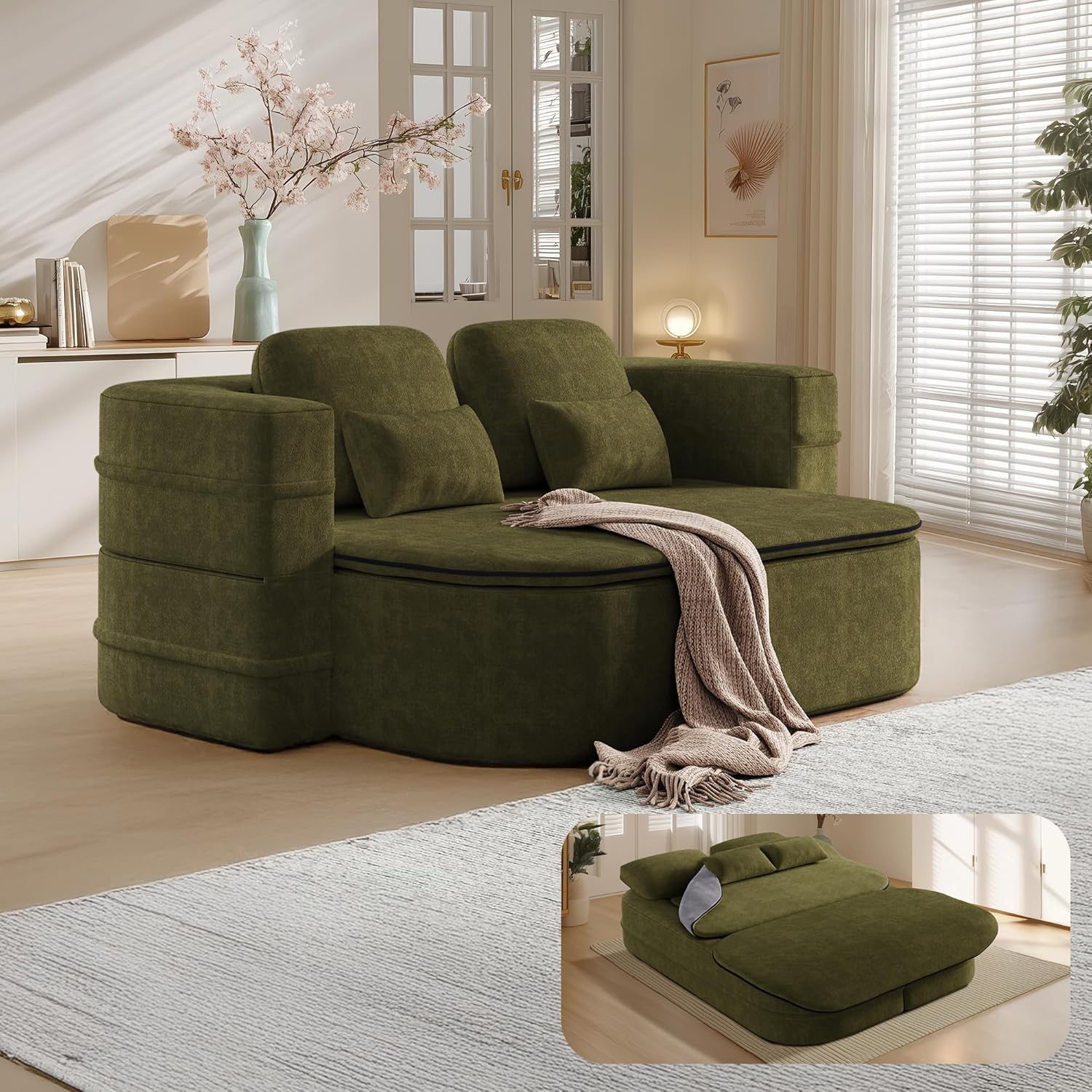 75'' Folding Sleeper Sofa Bed, Convertible Memory Foam Boneless Couch, Foldable Full Size Guest Bed, Modern 2-in-1 Futon Floor Sleeper Sofa with 4 Pillows and Blanket (Chenille, Green1)