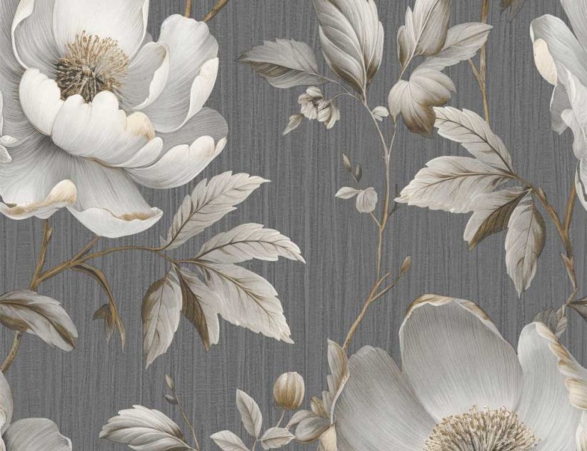 Papiertapete Große Blüten Beige, Anthrazit