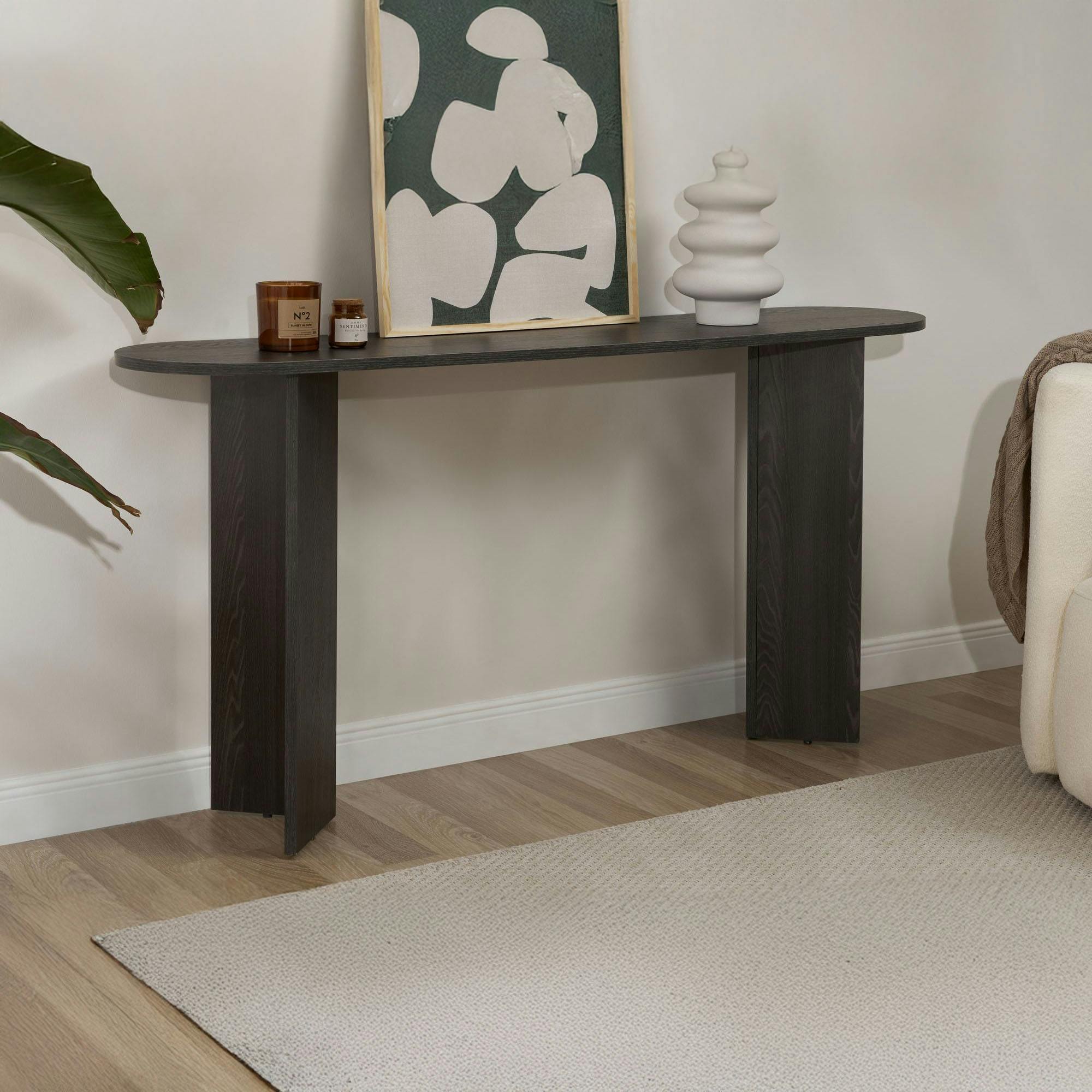 Console de salon noire ovale - pieds en V, effet bois MARFA