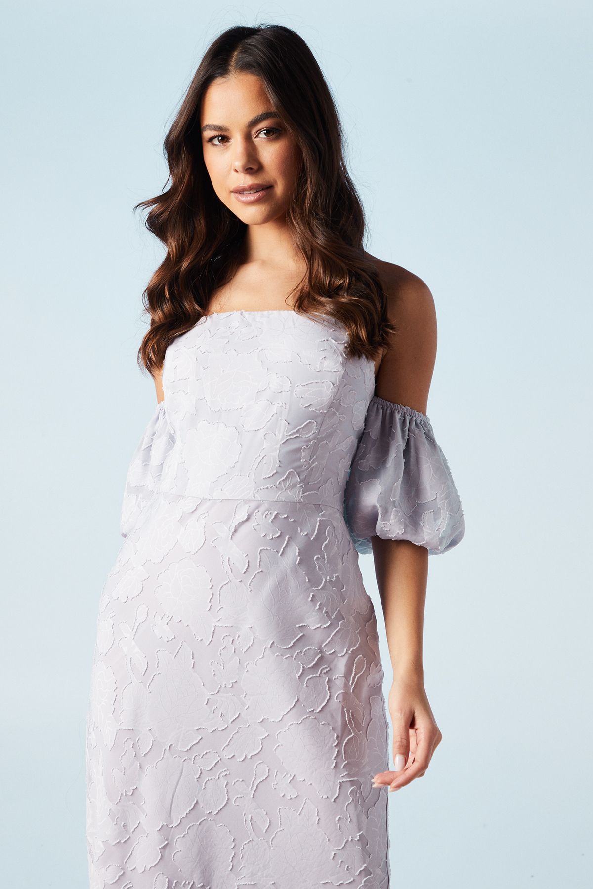 Oasis Rose Jacquard Puff Sleeve Asym Detail Bridesmaid Midi Dress