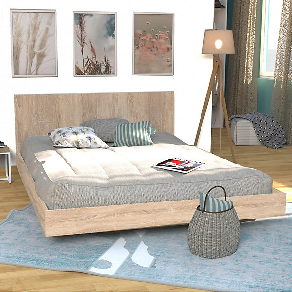 Lit 2 places 160x200cm couleur chêne LIFA inclus sommier et tête de lit