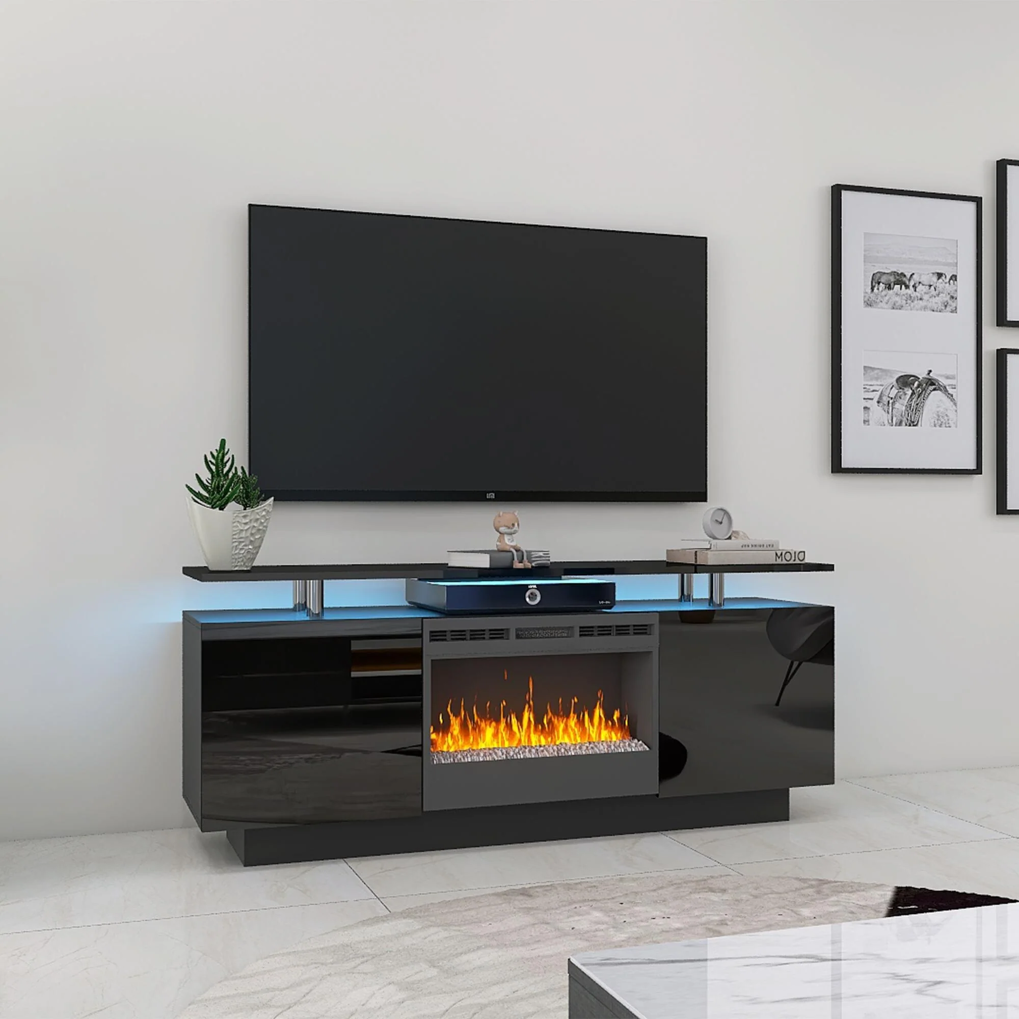 Black 63 Modern Fireplace TV Stand with Storage for TVs Up to 50