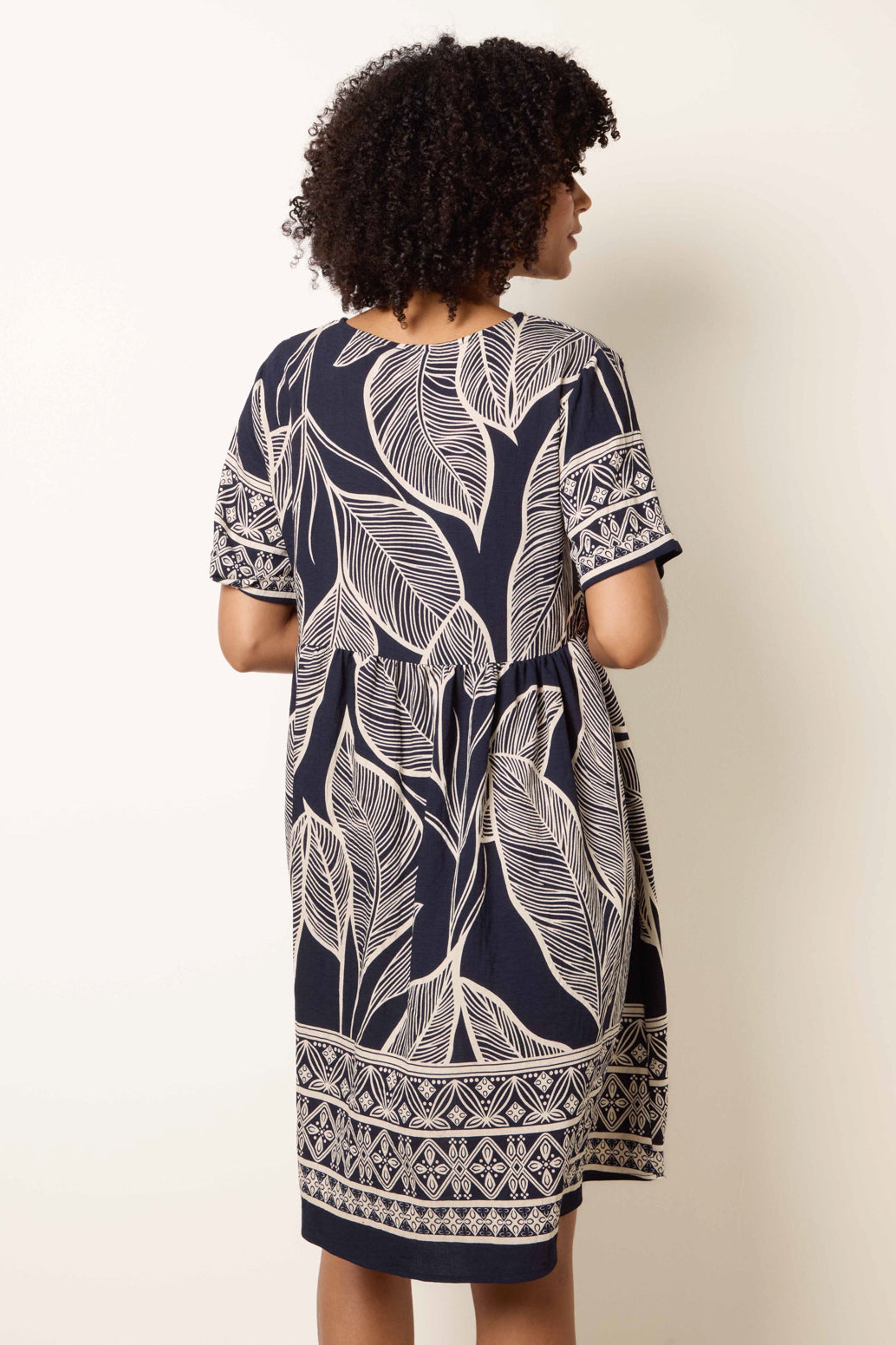 Blue Vanilla Navy Dress With Tropical Leaf Print
