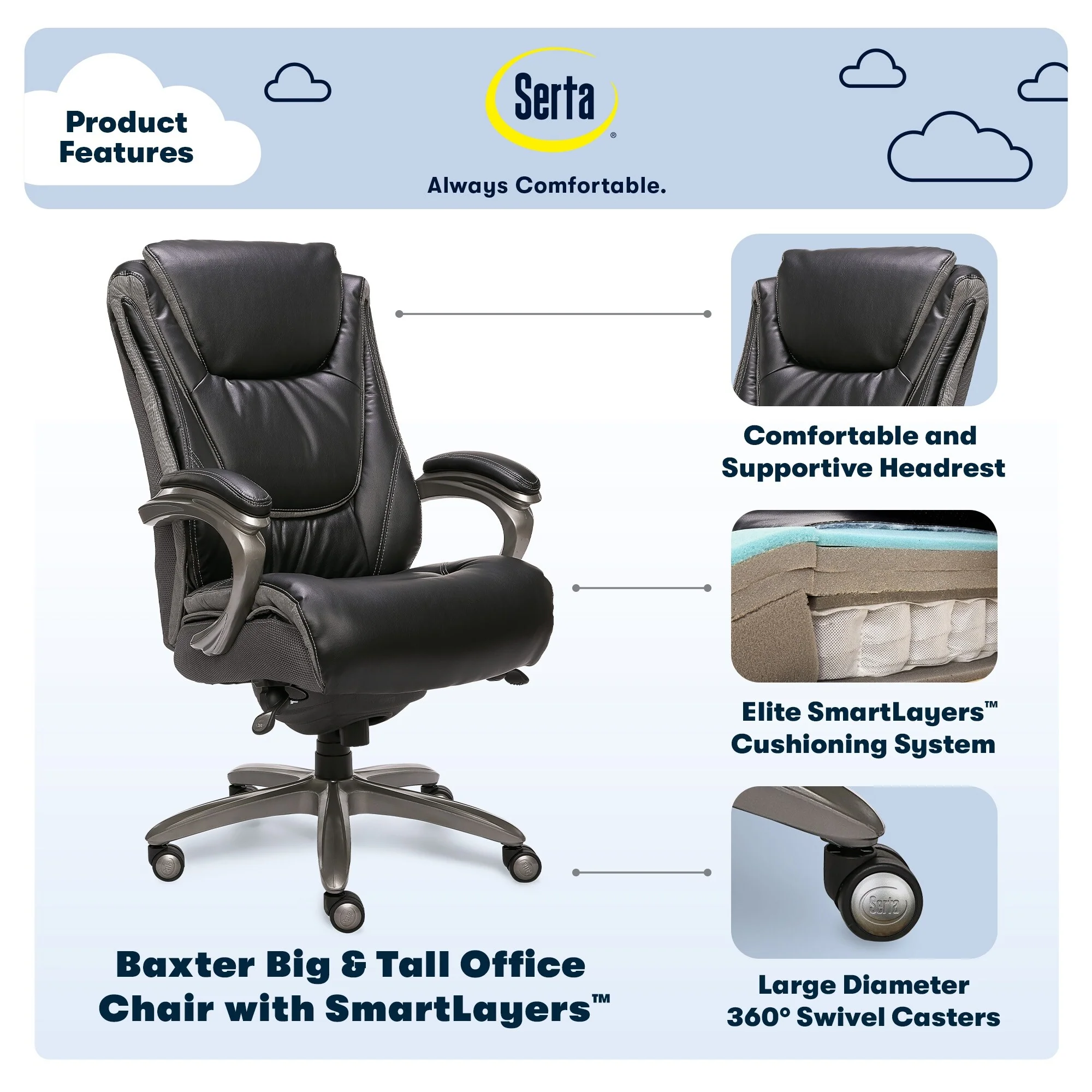 Serta Baxter Big and Tall Smart Layers Ergonomic Executive Office Chair, Black/ Gray