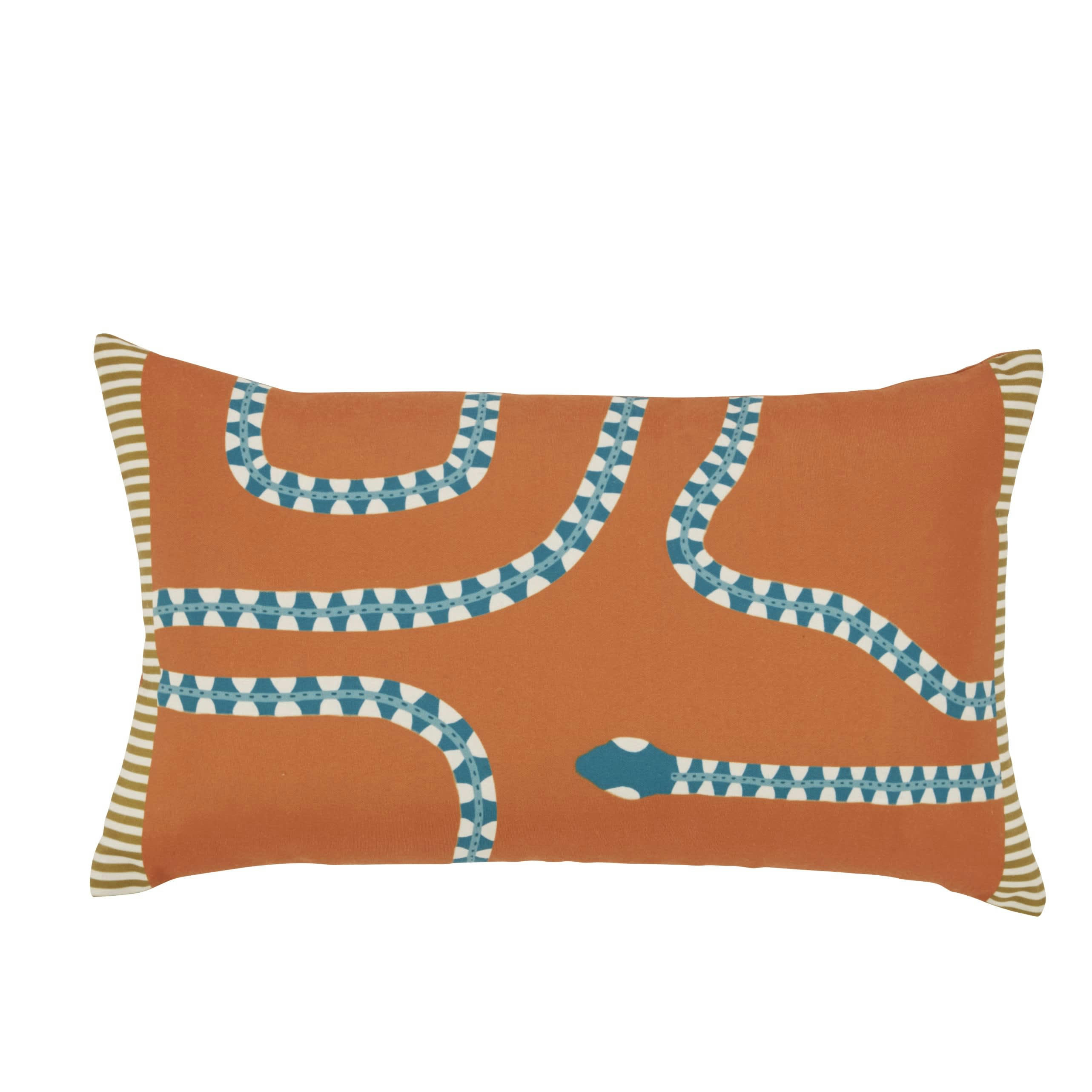 ELYSA - Coussin en polyester recyclé imprimé serpent marron caramel, blanc et bleu 45x45