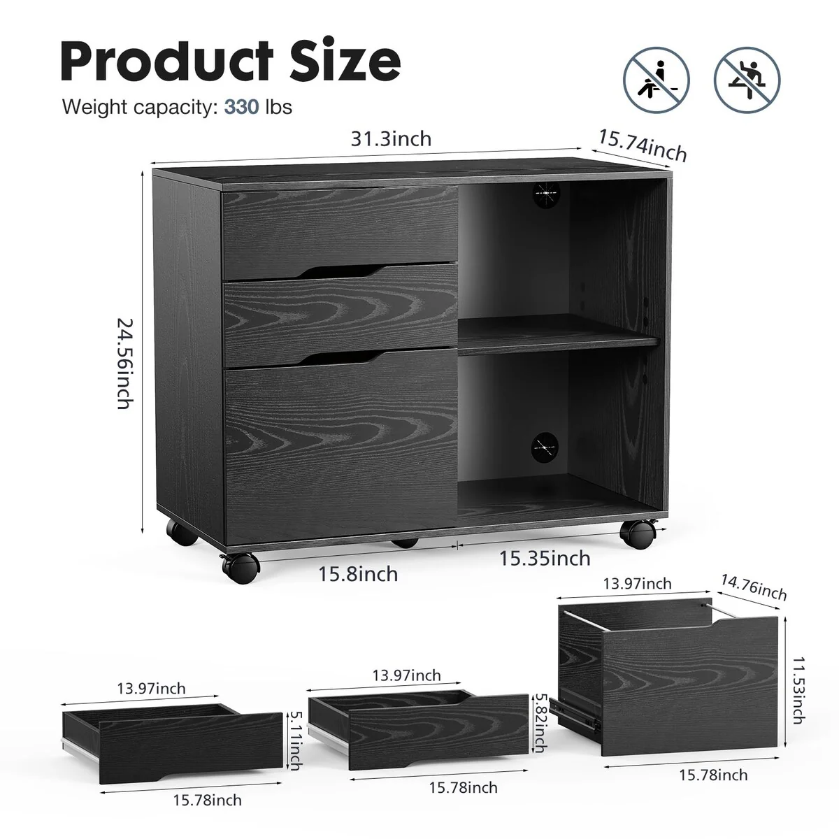 Mobile 3-Drawer File Cabinet with Open Storage Shelves