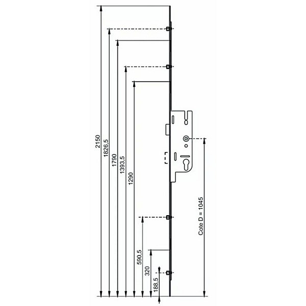 Crémone à larder EUROPA axe 40mm 2 galets carré 7 longueur 2150mm - FERCO - 6-33166-06-0-1