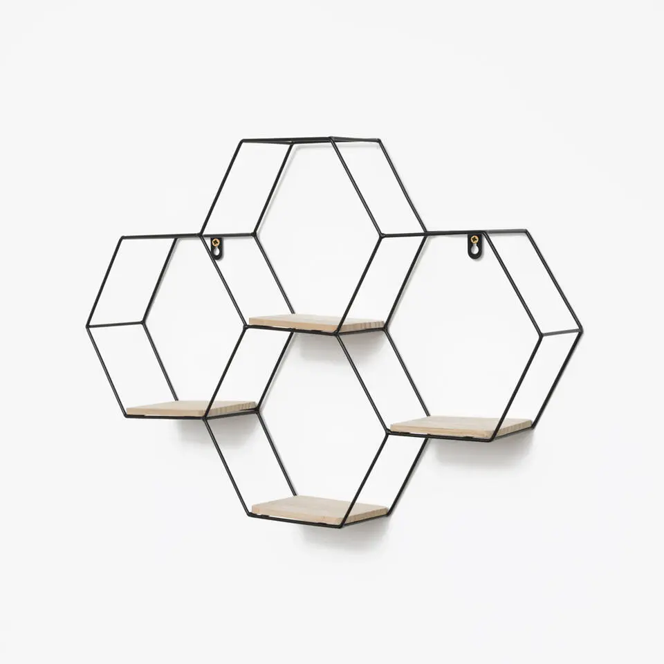 Vierdubbel zeshoekig metalen wandrek met 4 houten plankjes - 40,5x58 cm - Zwart