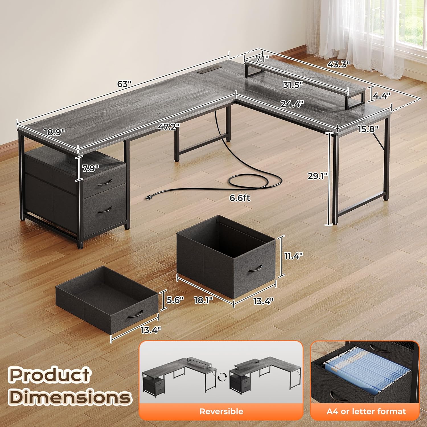 PRAISUN 63 Inch L Shaped Desk with Power Outlets and USB-C Port, Computer Corner Home Office Desk with File Fabric Drawers and Movable Monitor Stand, Larger Storage, Gaming, Writing, Work, Grey