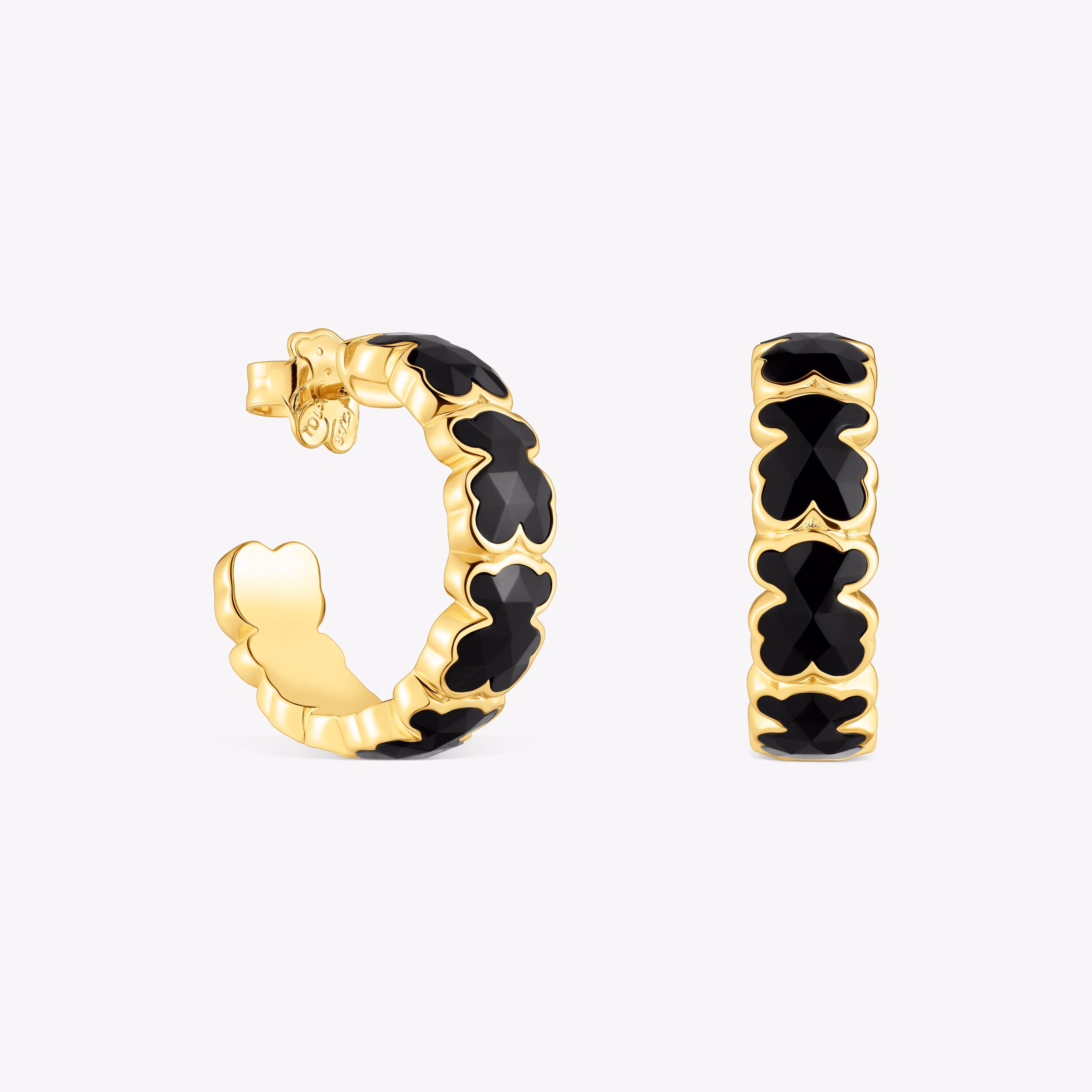 Pendientes de aro con baño de oro 18 kt sobre plata y osos en ónix Icon Color