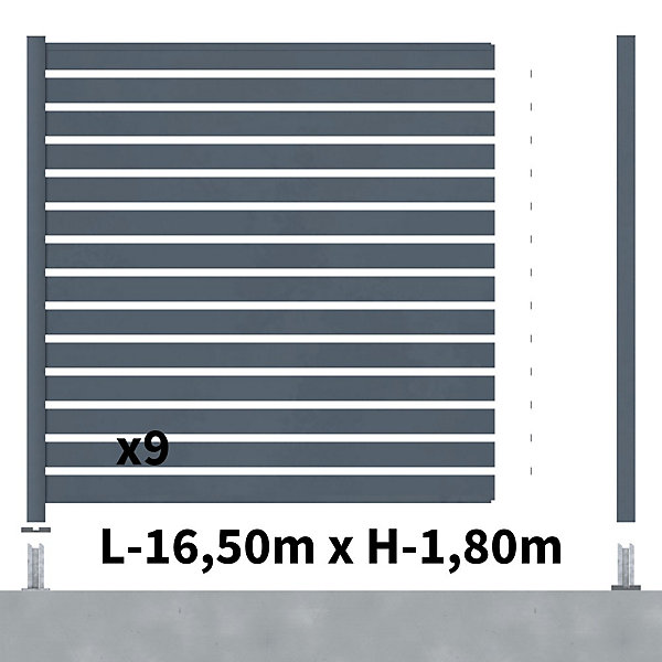 Kit Clôture Ajourée Aluminium OLINDA Anthracite 16,5x1,8m Poteaux sur Platines - Dimension des Lames : 21x100x1780 mm