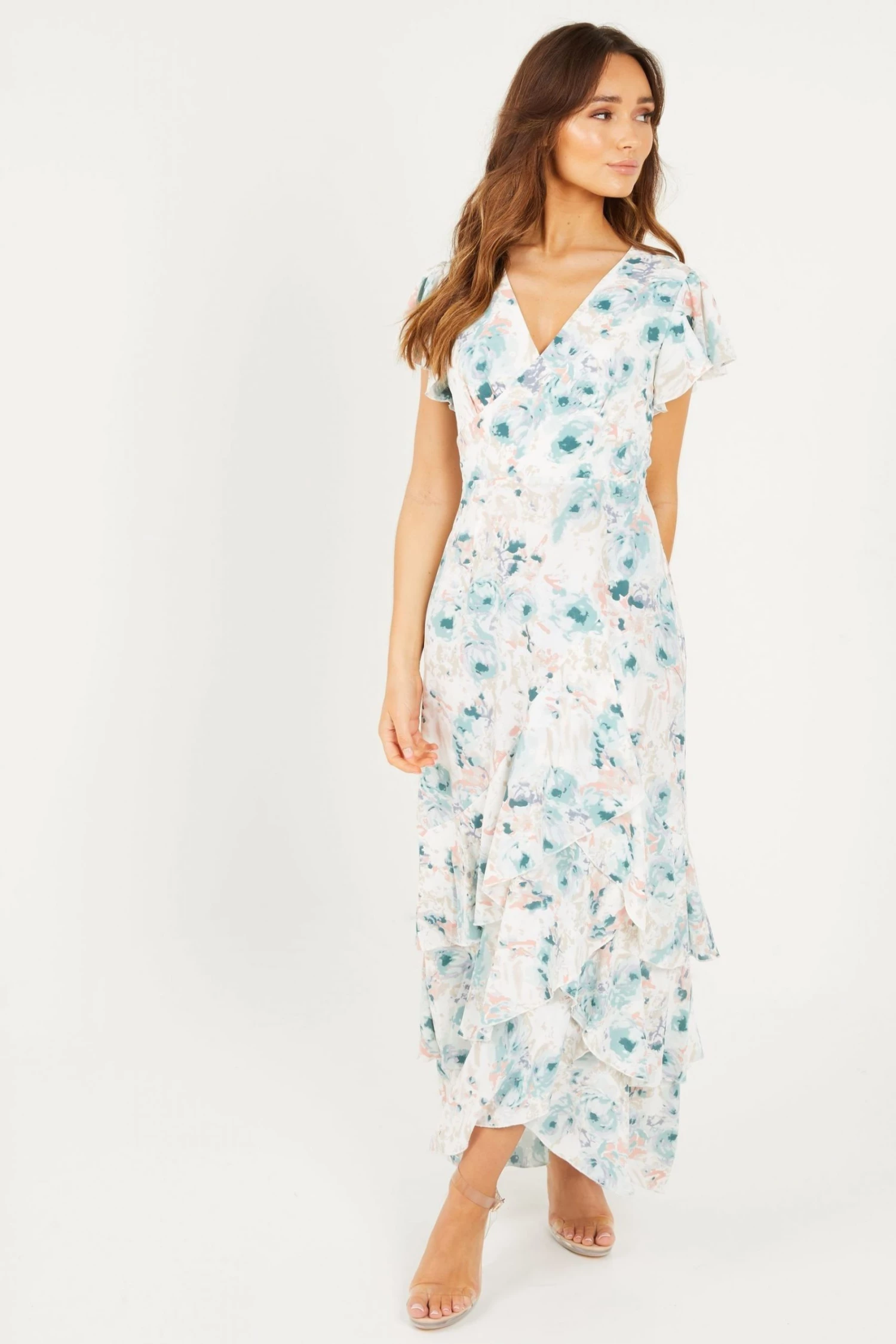Quiz Cream Smudge Print Maxi Dress