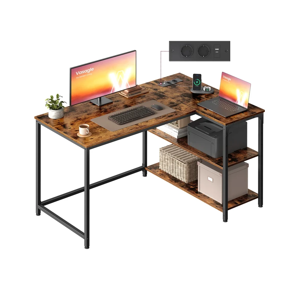 Bureau de Gaming en Forme de L pour Usage Domestique avec Prise Électrique et 2 Ports USB
