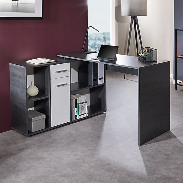 Bureau d'angle CARMEN avec meuble de rangement, décor béton foncé et blanc mat