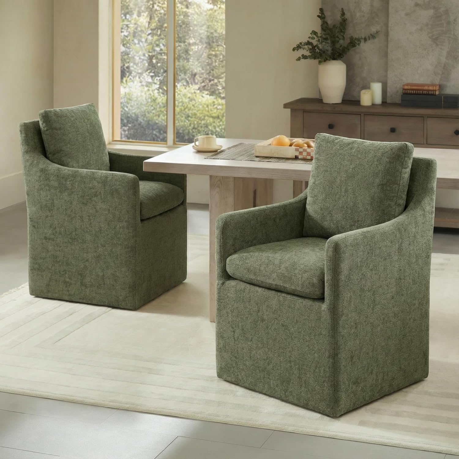 KISLOT Upholstered Dining Chairs with Casters, No Assembly Modern Accent Armchair with Rollers for Dining Room, Bedroom, Living Room, Reading Room, Already Assembled, Green, 2 Box
