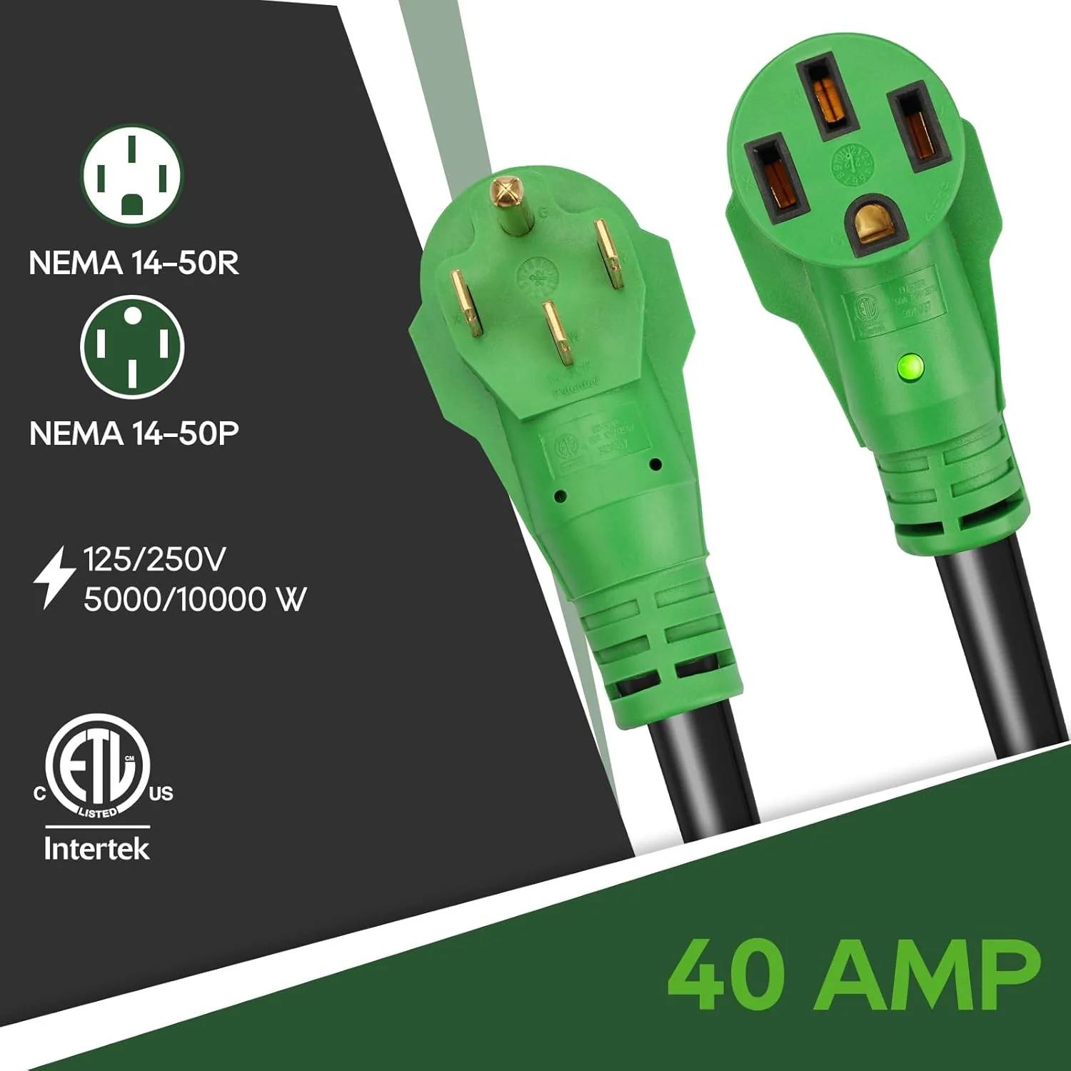 50 Amp 50 Foot RV/EV Extension Cord, NEMA 14-50P/R Heavy Duty Extension Cord with LED Power Indicator and Cord Organizer, Green, ETL Listed(50 Foot)