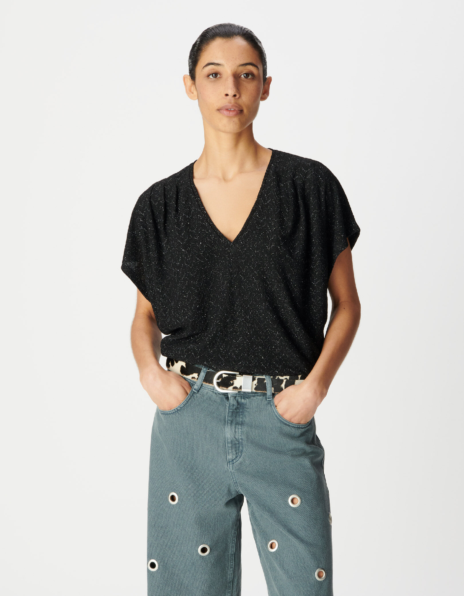 Tee-shirt loose noir tricot lurex fantaisie Femme