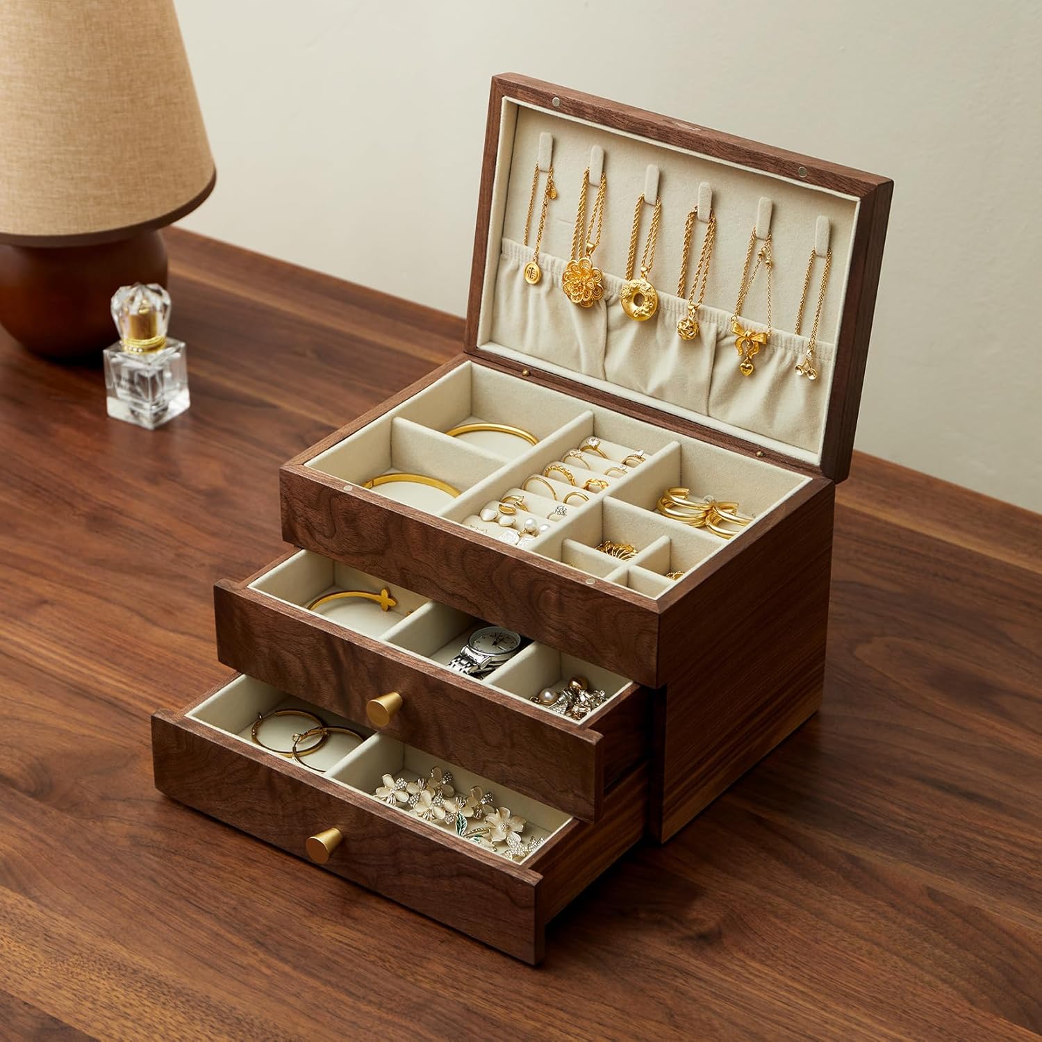 Jewelry Box Organizer for Women & Men, Black Walnut 3 Layer Wooden Jewelry Box with Velvet Lining, Earring & Ring Organizer, Large Capacity Drawer Design for Necklaces, Bracelets (3 layers)