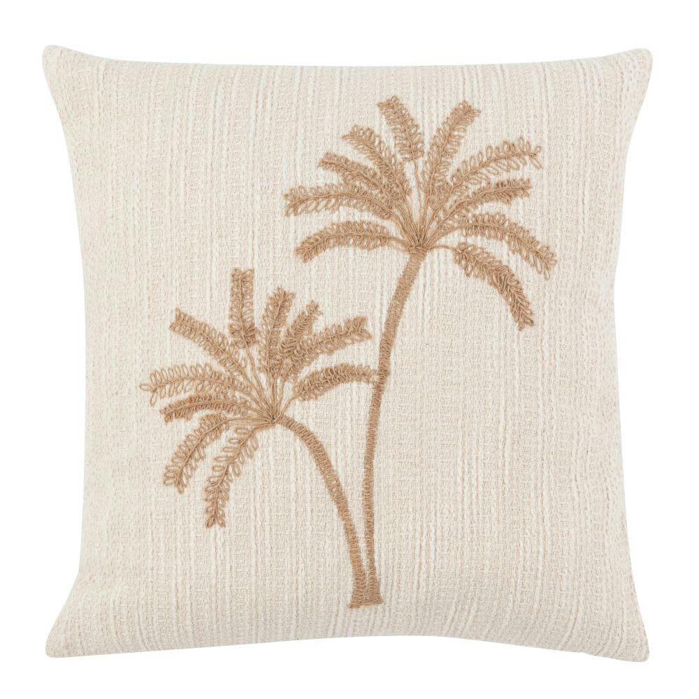 PALKO - Housse de coussin en coton texturé et jute motif palmier brodé écru 40x40