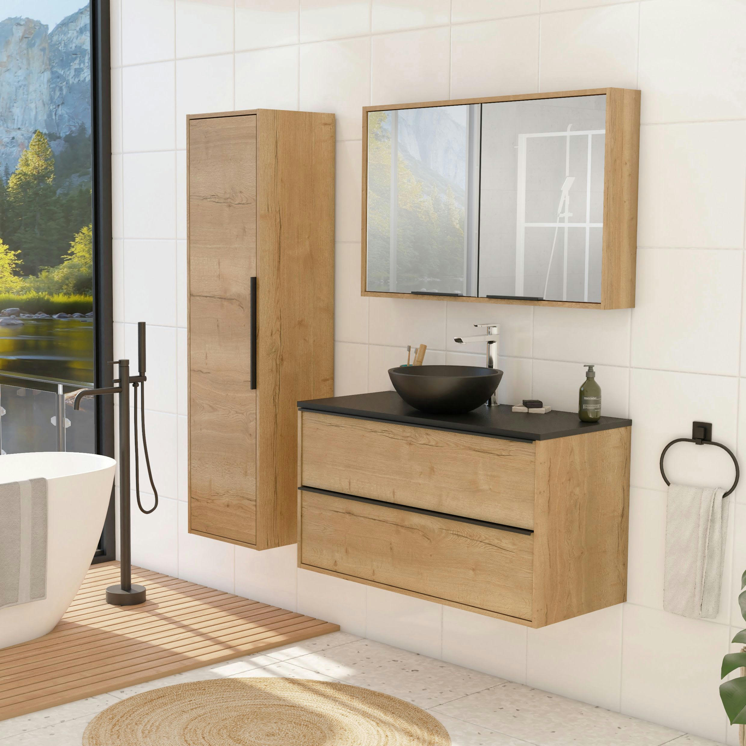 BORDER - Meuble de salle de bain 100cm Chêne PPSM Meuble +  Plan Mélaminé