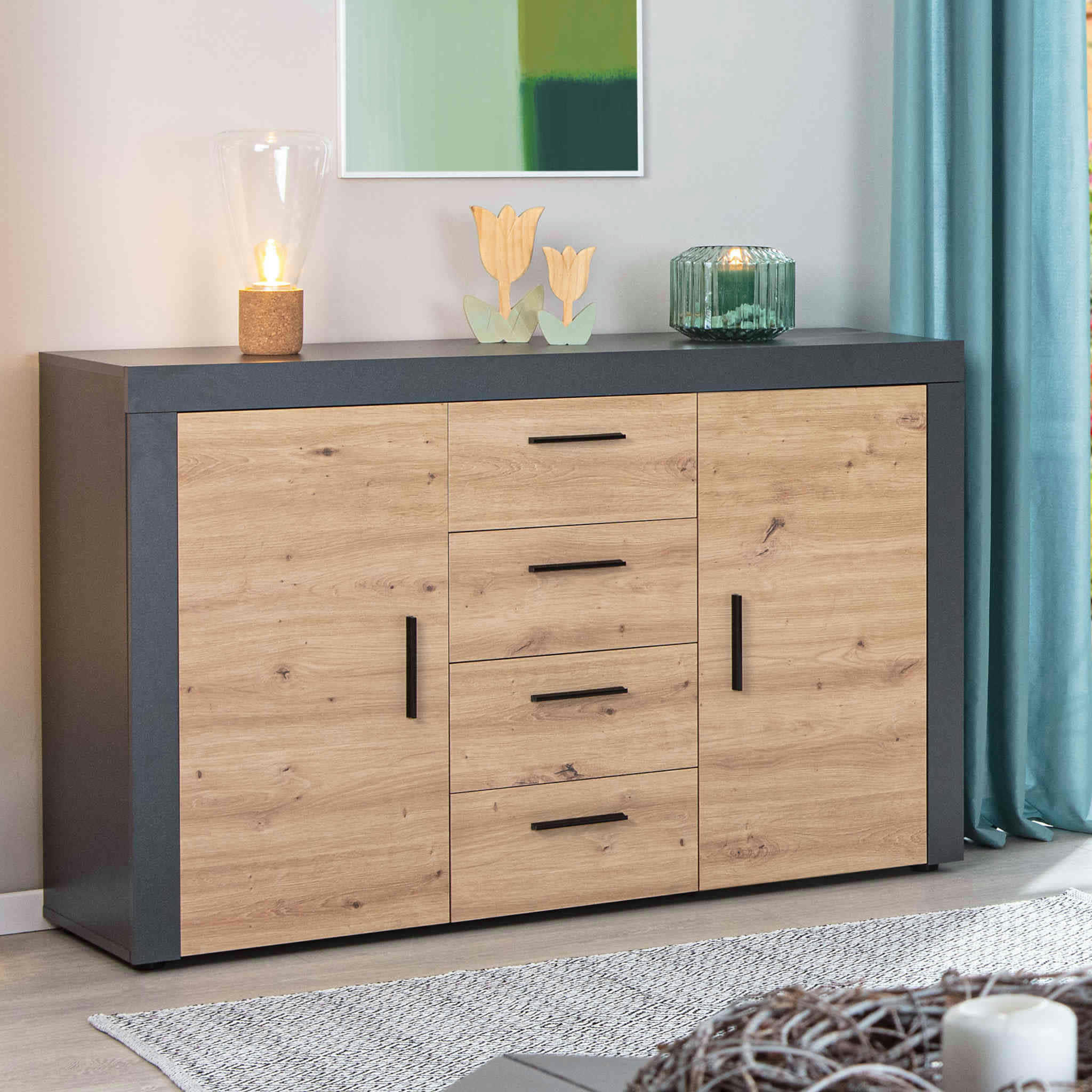 - Commode 2 portes 4 tiroirs en bois imitation chêne et anthracite