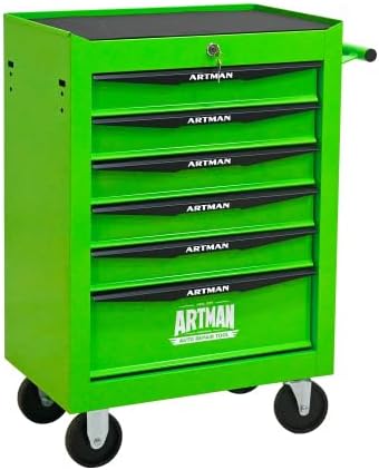 Iron-Top Rolling Tool Chest with Lockable Wheels and Side Handles, 7-Drawer Tool Storage Cabinet with Ball Bearing for Garage, Repair Shop, Required Assembly, Large Storage Capacity (Iron, 6-Green)