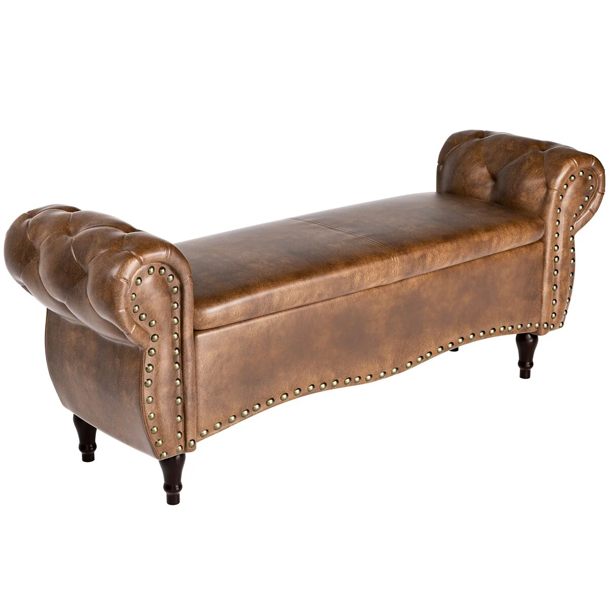 53 in Leather Bench with Safety Hinge and Rolled Arm End of Bed Storage