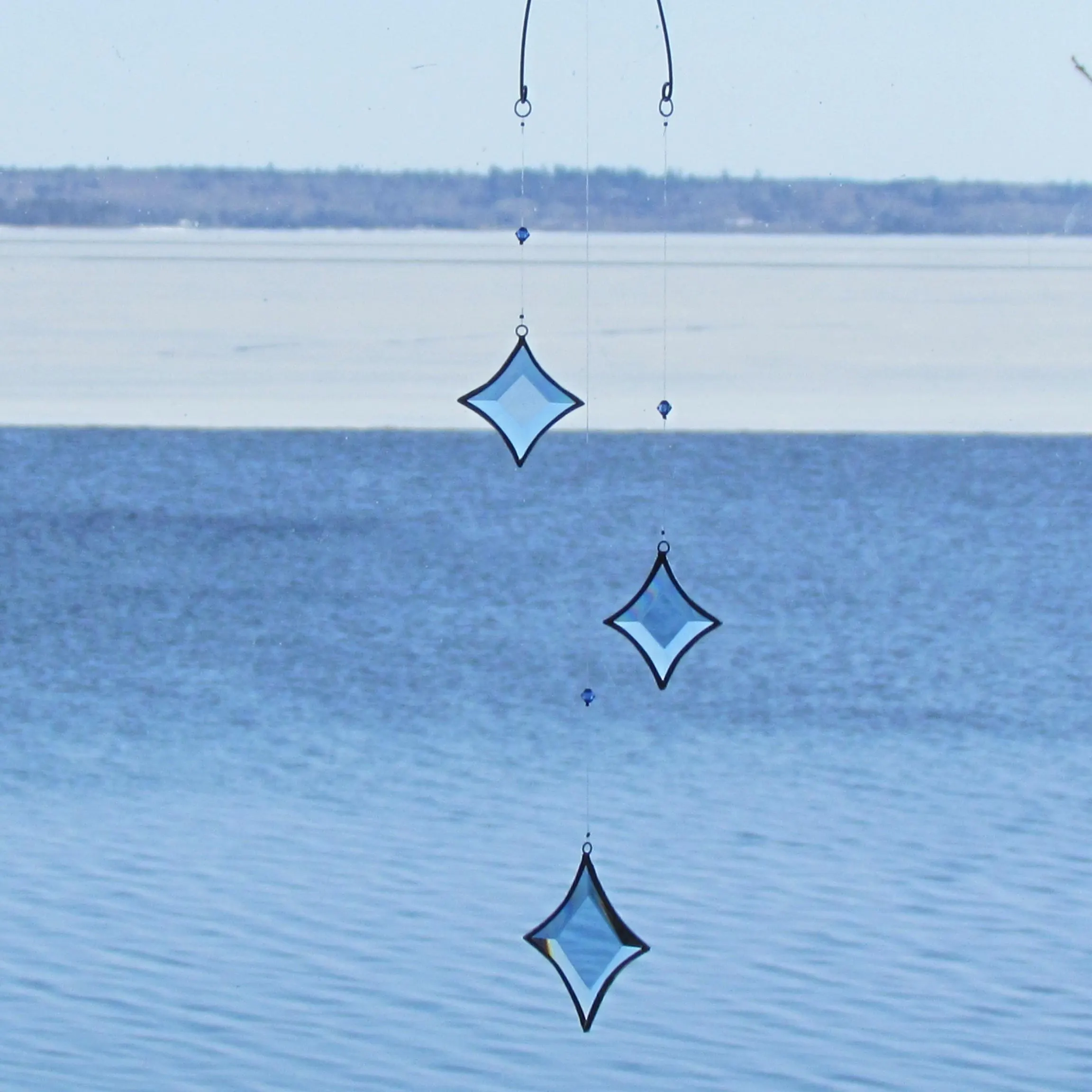 Icy Blue Stained Glass Star Mobile: Crystal Suncatcher, Handmade in Canada