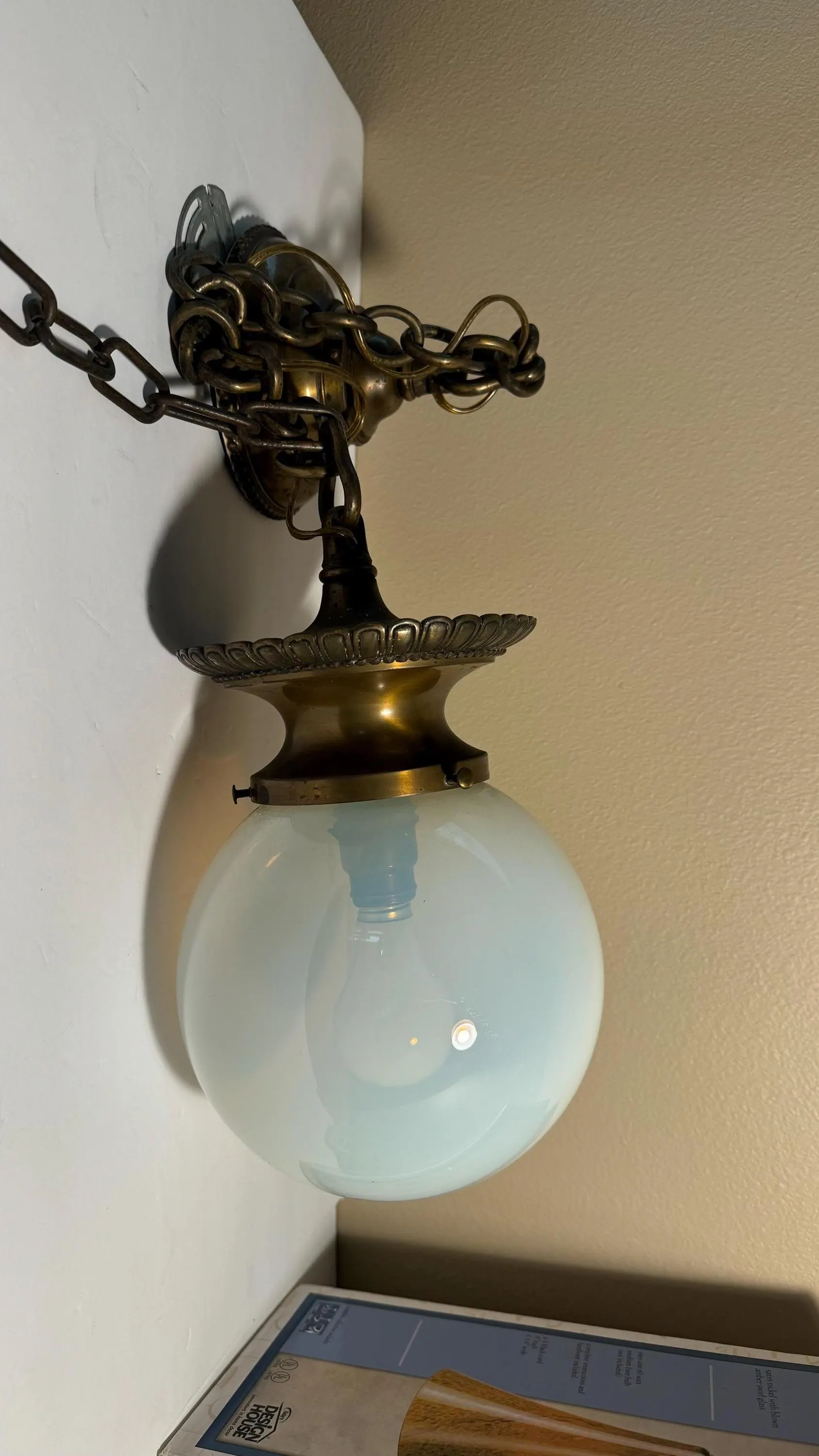 Vintage Globe Swag Hanging Pendant Light w/ Chain | White Glass Shade | Brass Finish Ceiling Fixture | 13