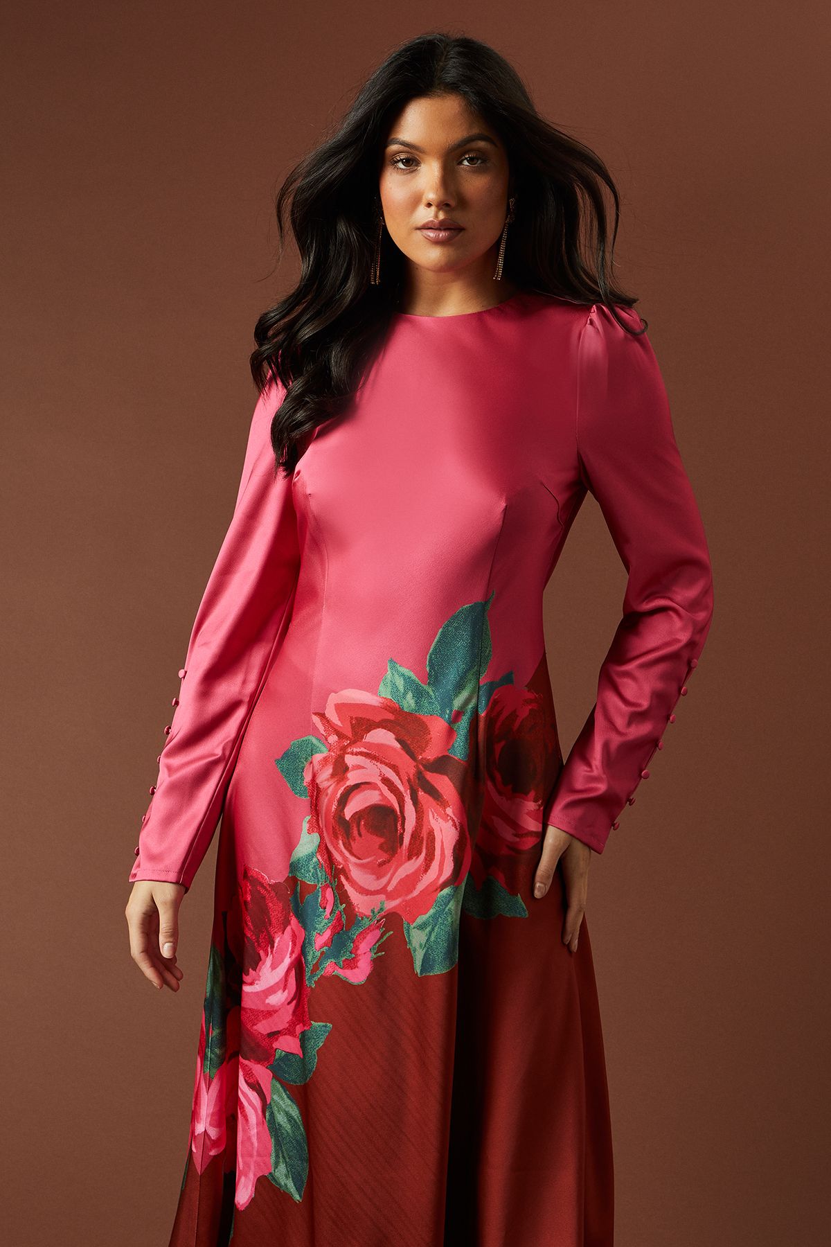 Oasis Premium Satin Placement Print Button Detail Maxi Dress