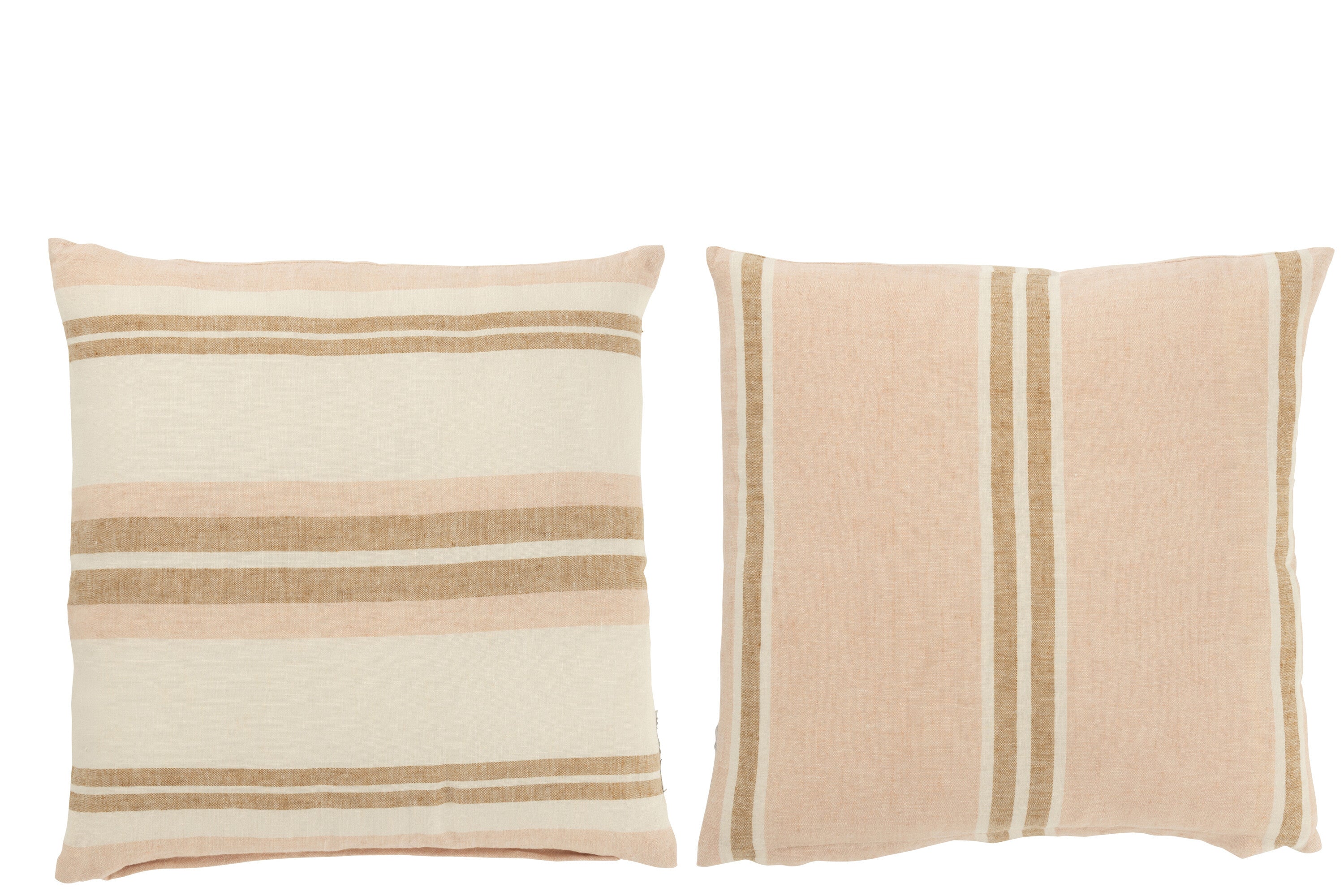J-Line kussen Gestreept - linnen - lichtroze/wit/beige - 2 stuks