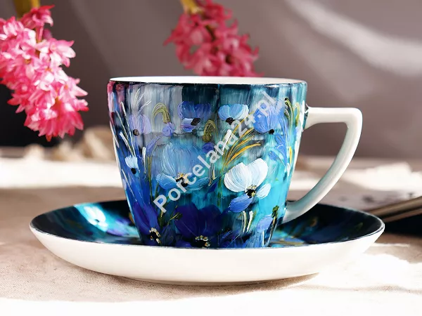Filiżanka ze spodkiem 0,35 L / 17 cm ręcznie malowana - Kwiaty niebieskie (1) DA.FS35-1