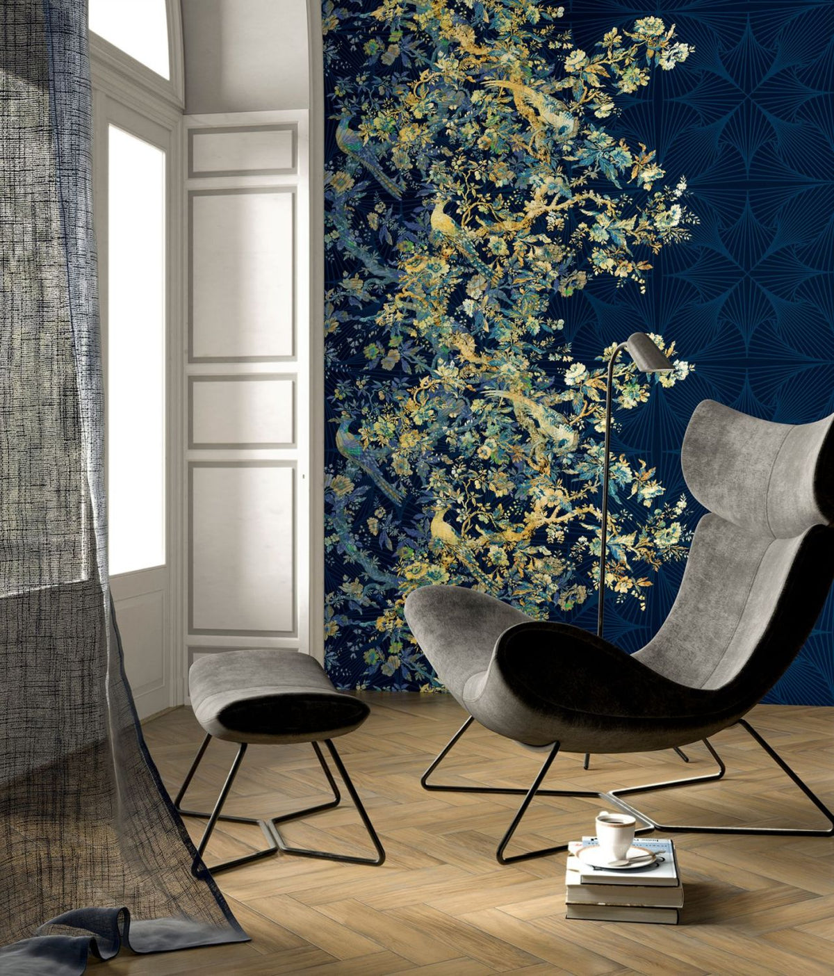 Sanders & Sanders fotobehang bloemen en vogels blauw - 200 x 280 cm - 611825