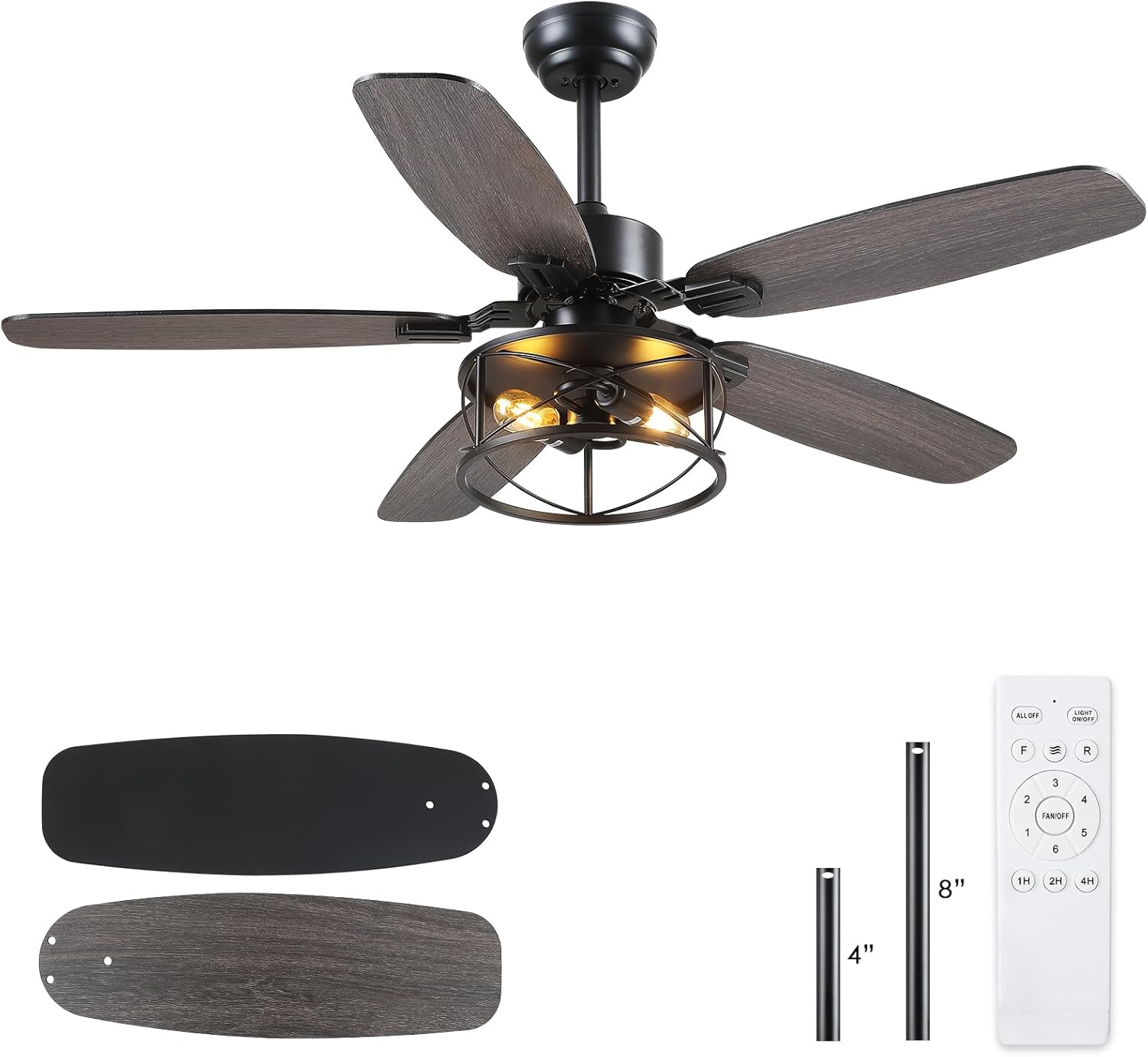 Hounberi 52 Caged Ceiling Fan with Lights and Remote, Downrod Rustic Ceiling Fans, 6-Speed Reversible, 5 Dual-Finish Blades, E26*2 Blub Base + Black Metal Lampshade for Bedroom Living Room