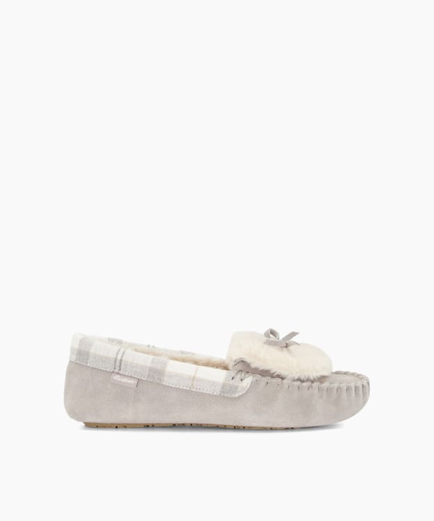 Darcie1 Grey - Tartan-Trim Suede Slippers