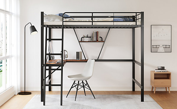 Lit mezzanine métal 90x200cm avec bureau en L et étagère, lit ado enfant, cadre noir