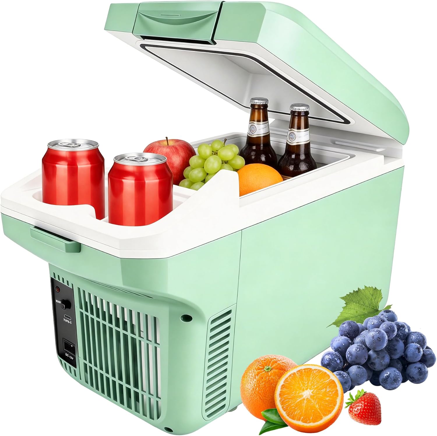 Iceblue Electric Cooler with Type-C, 8 Liter /11 Cans Mini Fridge with Belt, 9V Type-C Thermoelectric Dual-use Car Refrigerator, Car Fridge for Car, Dorm, Travel, Picnic, Gift - Green