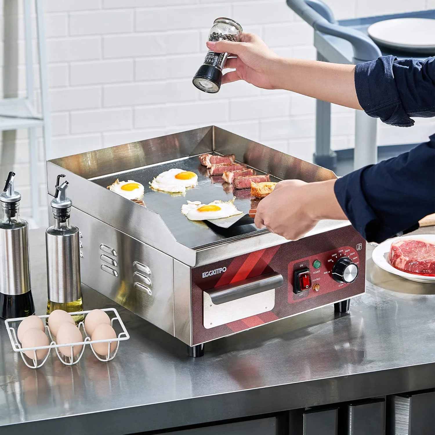 14 Inch Electric Griddle, Non-Stick Flat Top Grill Commercial Electric Countertop Griddles Stainless Steel Adjustable Temperature Control 90��F-575��F for Home or Restaurant Use(14 INCH 120V 1800W)