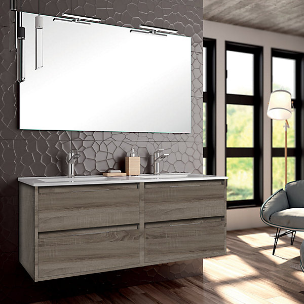 Ensemble meuble de salle de bain 120cm double vasque   colonne de rangement IRIS - britannia (chêne foncé)