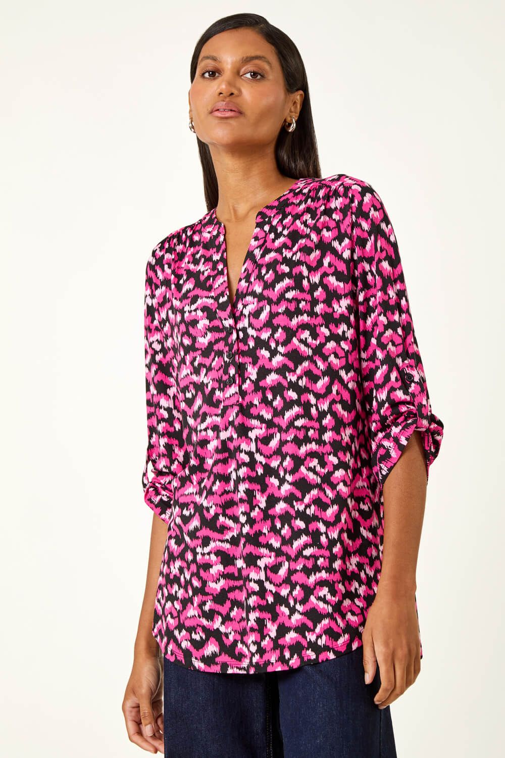 Roman Abstract Print Pintuck Tunic Top