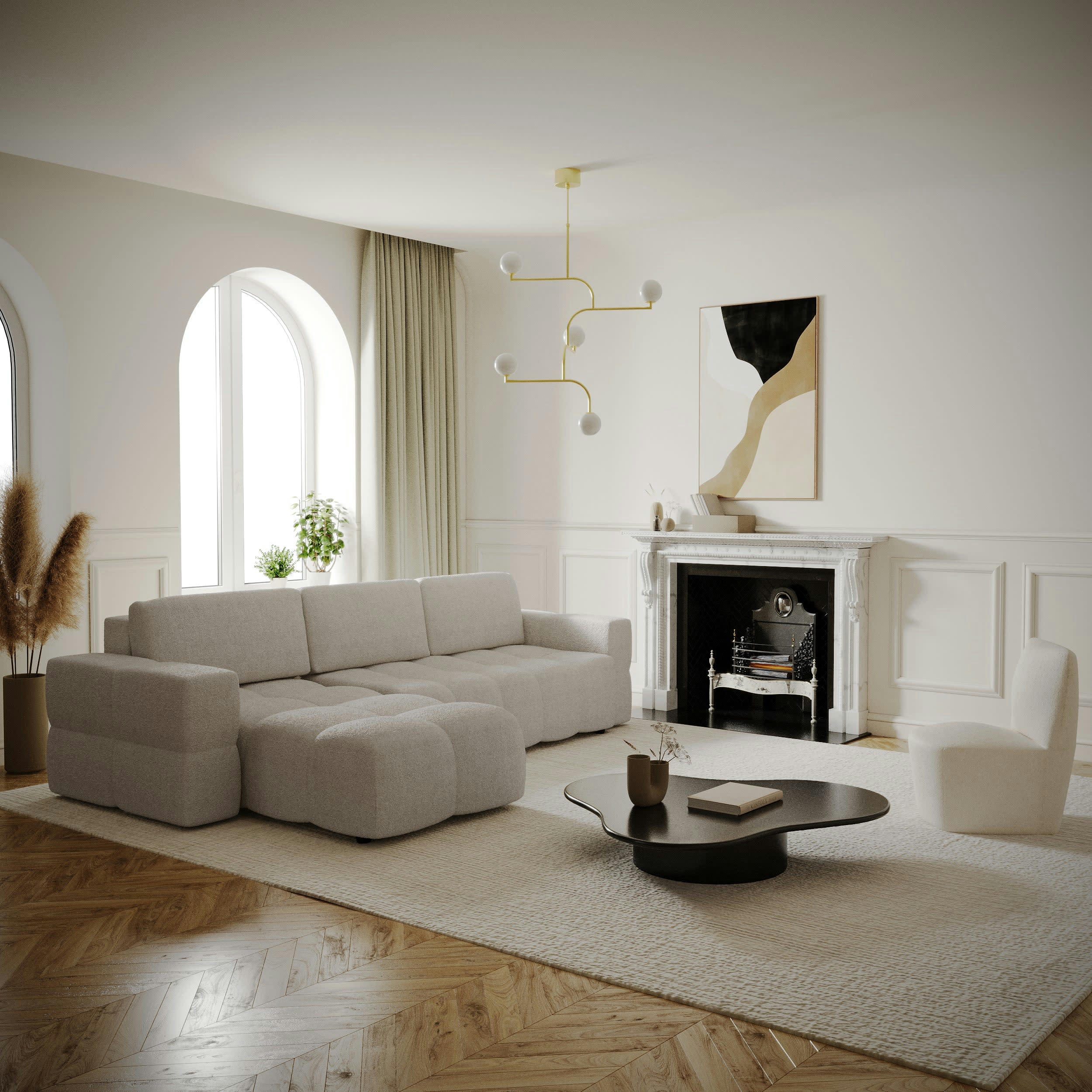 GABRIEL - Canapé d'angle gauche convertible coffre bouclette beige 260x180cm