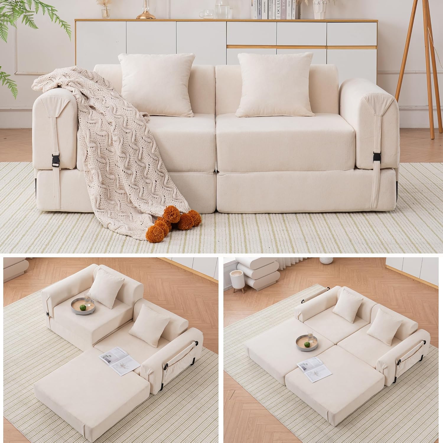 GNIXUU 71.3 Convertible Sleeper Sofa Bed, Modern Convertible Boneless Couch with Foldable/Pull Out Bed, Compressed Modular Futon Couch with Pillows & Storage Pocket for Living Room Bedroom, Beige