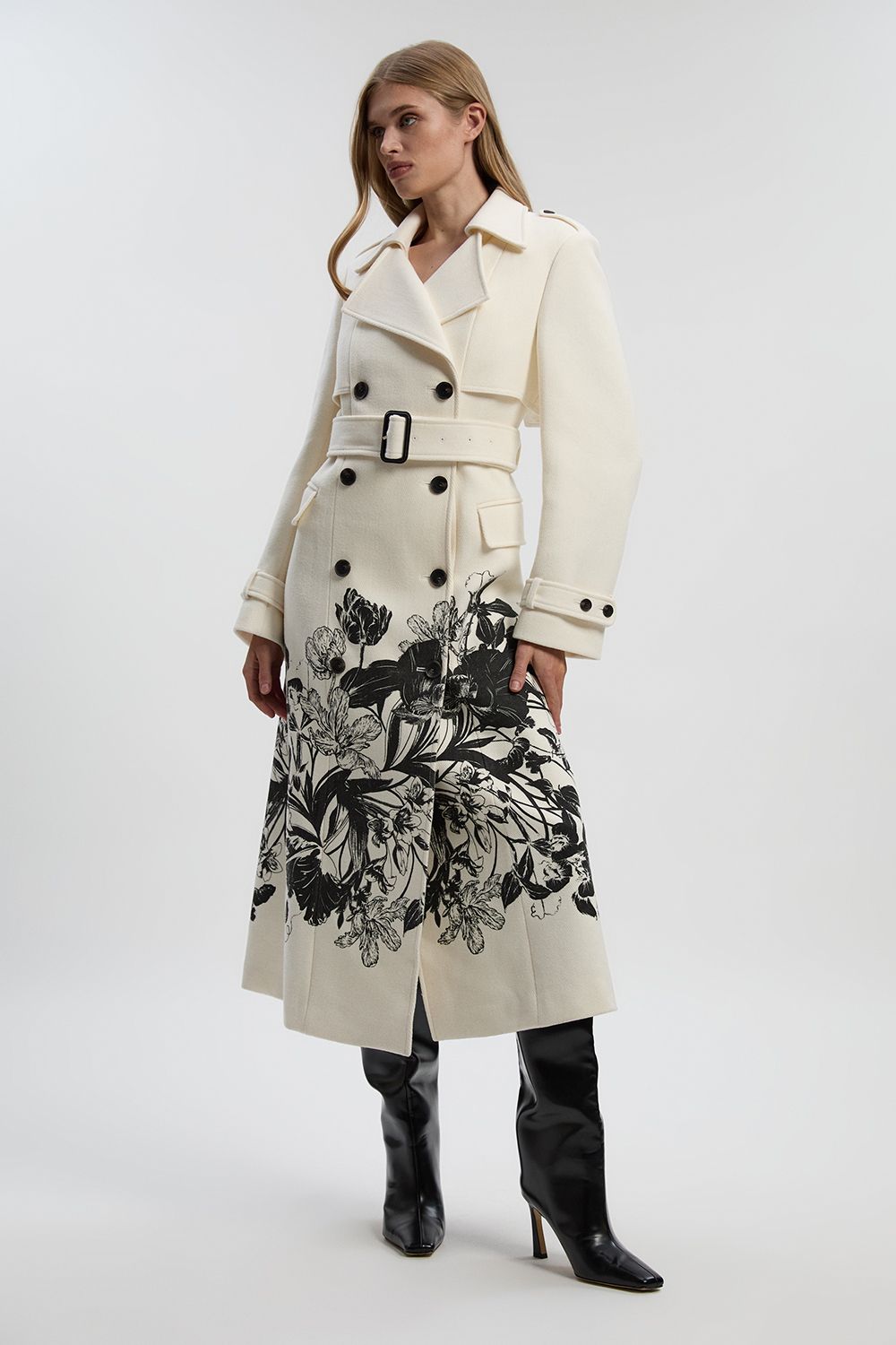 KarenMillen Petite Wool Placement Print Tailored Double Breasted Belted Midi Coat