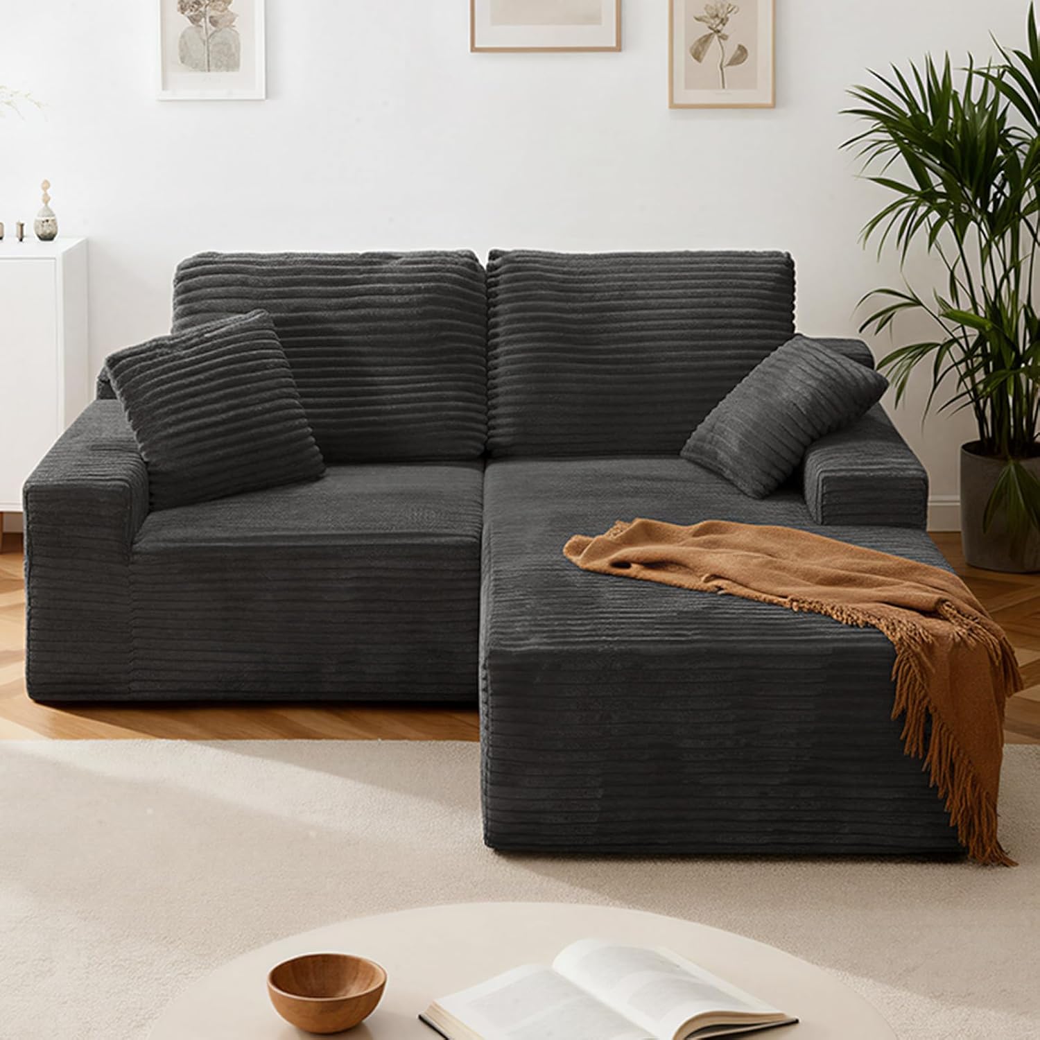 75 Cloud Modular Boneless Couch, L-Shaped Right Facing Chaise Sectional Sofa, Deep Seat Plush Corduroy Upholstery - Memory Foam Comfy Fluffy Couches for Living Room Bedroom, No Assembly Required