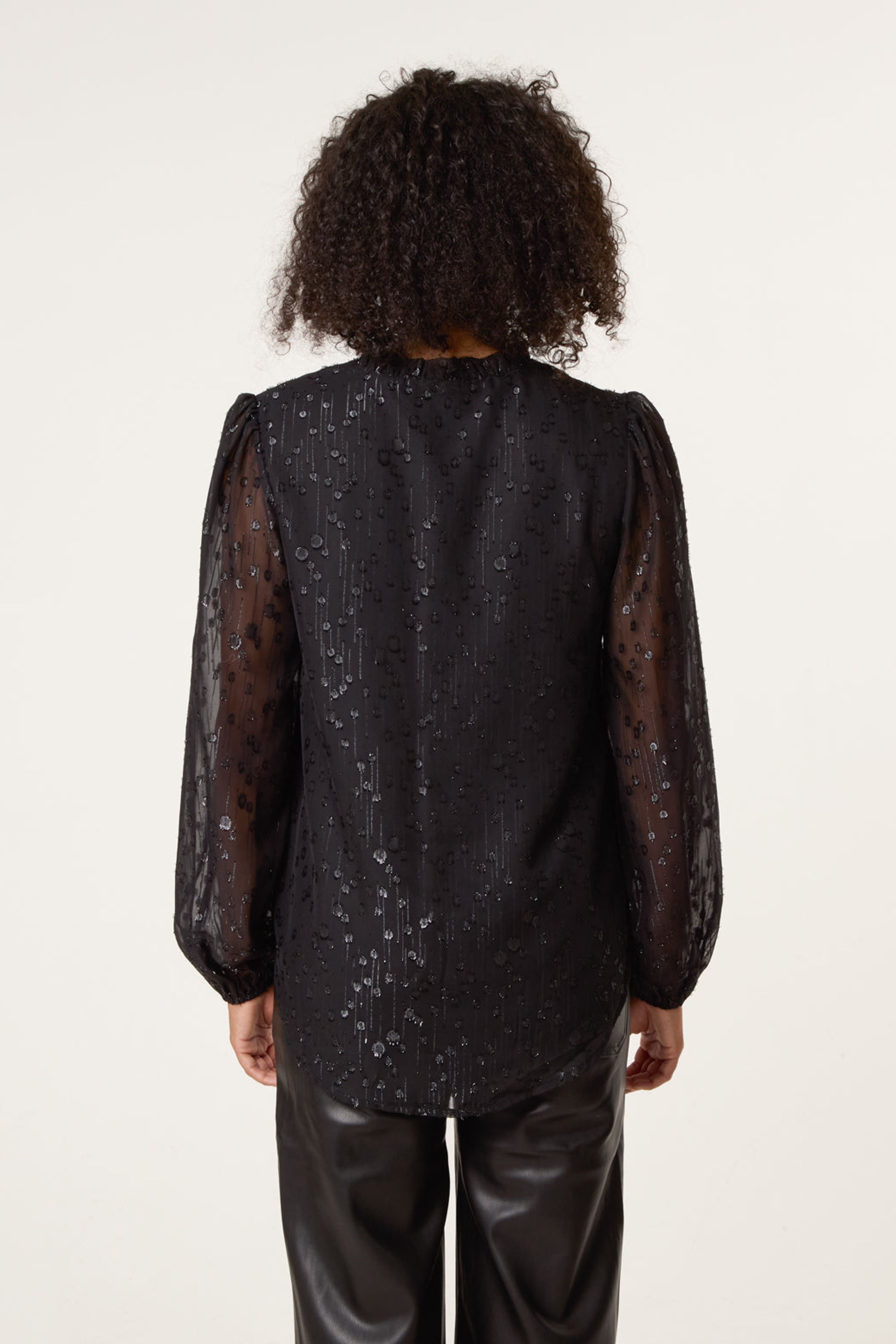 Blue Vanilla Black Jacquard Button And Tie Front Blouse